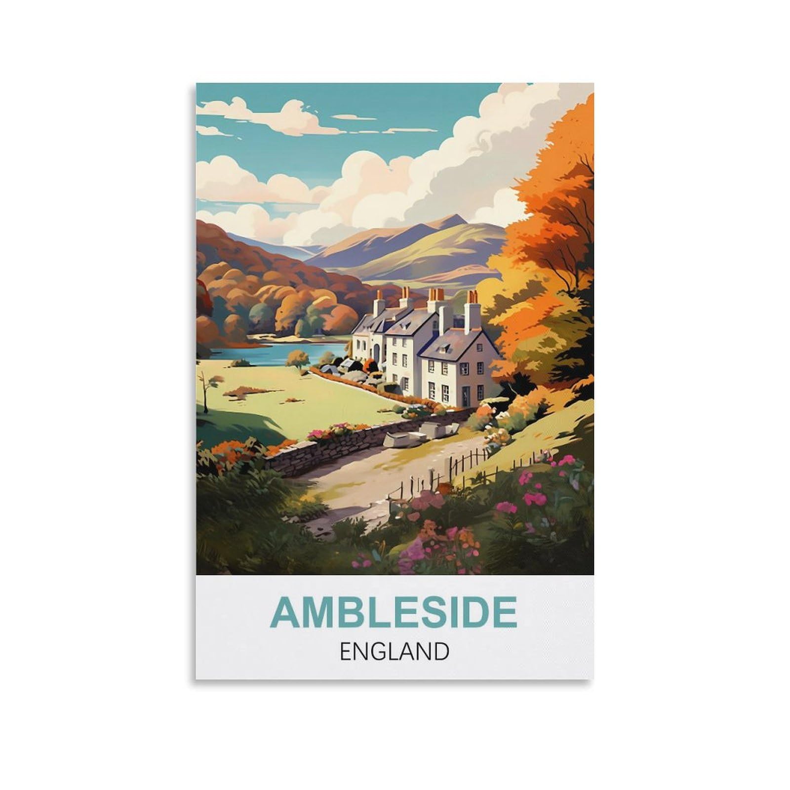 Hnrojico Unframe-Style Ambleside England Vintage Travel Poster 08X12inch(20X30cm) Canvas Wall Art Poster Prints
