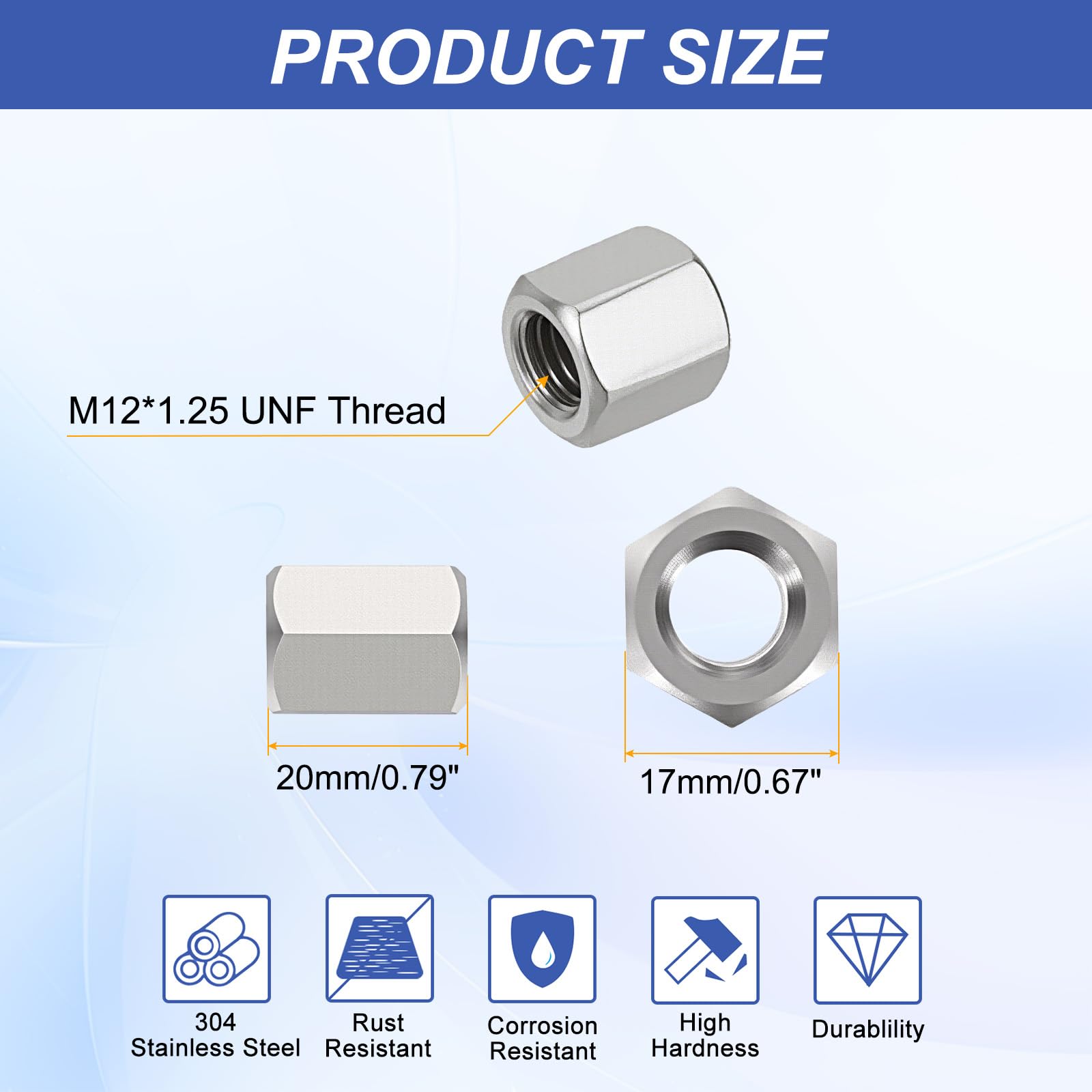 HiPicco Hex Coupling Nuts, M12 x 1.25-Pitch UNF 20mm/0.79" Length - Image 2