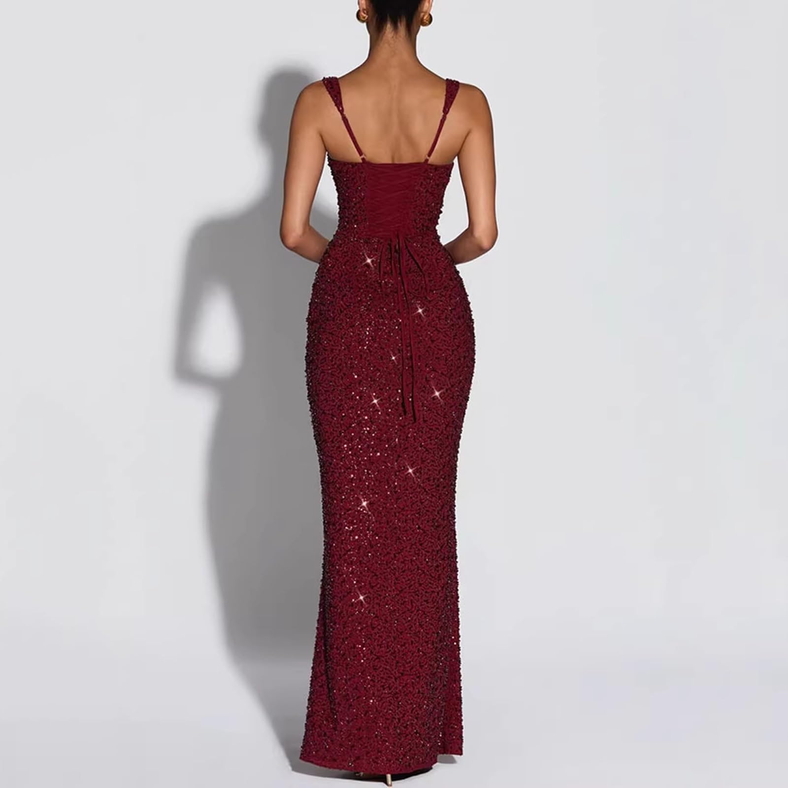 Vestido de Lentejuelas con Lazo En La Espalda, Escote Cuadrado, Tirantes Anchos, Brillante, Corte Ajustado, Ideal Para Ocasiones Formales y Fiestas Nocturnas
