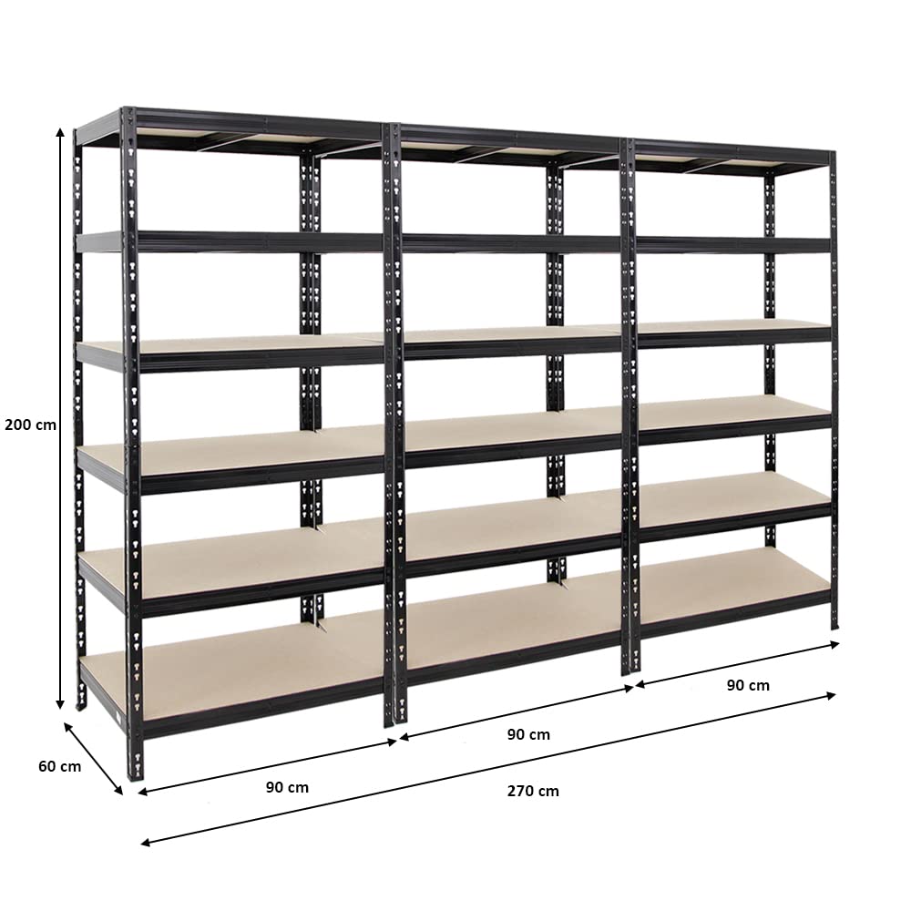 PROREGAL Mega Deal | 3X Schwerlastregal Giant Tiger | HxBxT 200x90x60 cm | Fachlast 265kg | 6-Ebenen | Schwarz |Garagenregal, Lagerregal, Steckregal, Kellerregal, Werkstattregal