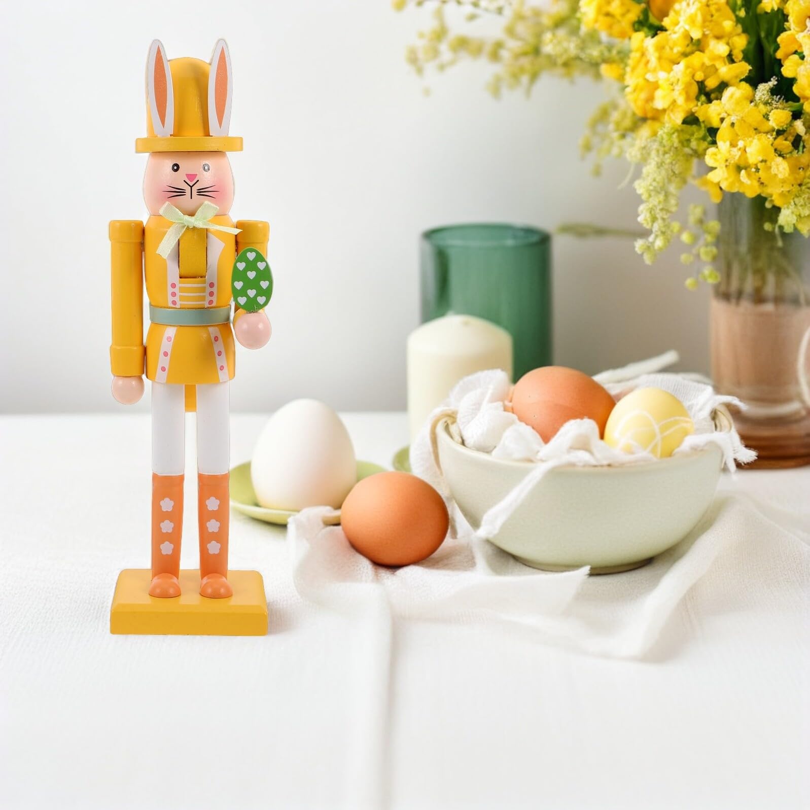 Osterhasen Nussknacker 30cm Gelbe Osterdekoration für Tisch Frühlingsfeste Robuste Osterfigur zur Innenraum Dekoration