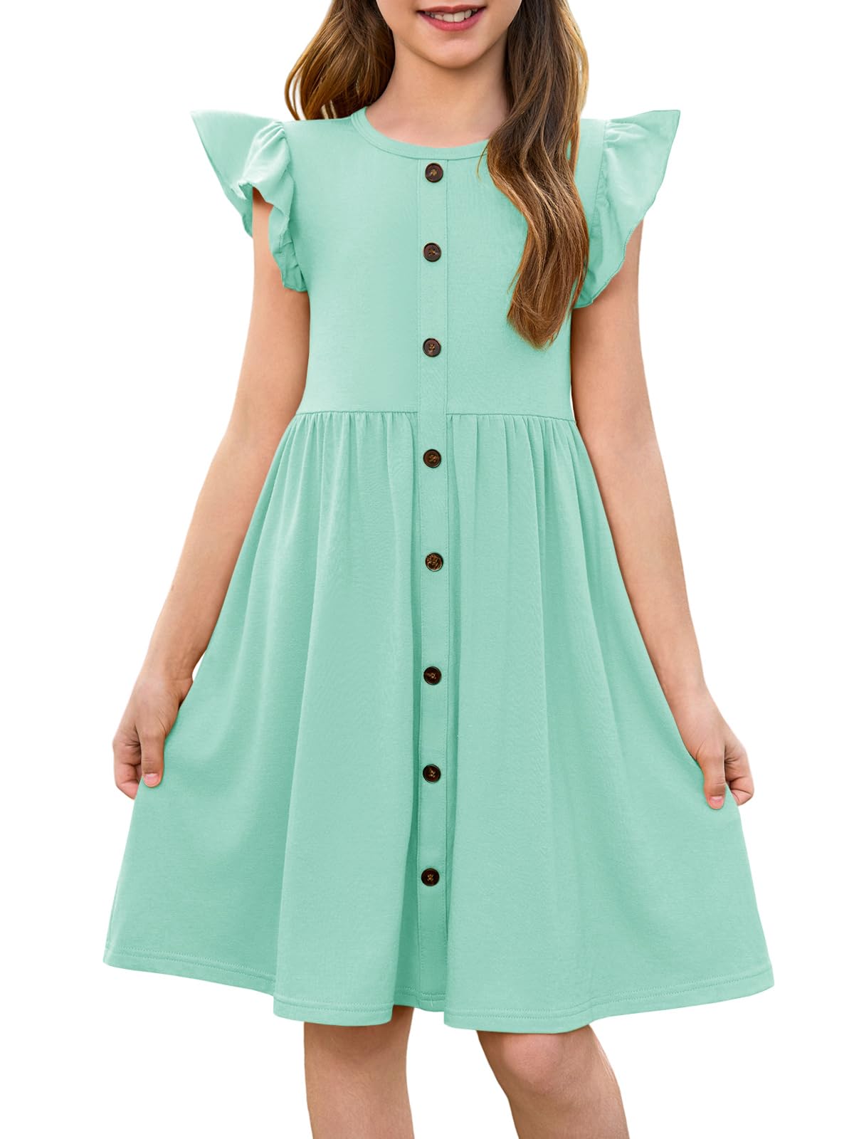 Haloumoning Girls Dress Kids Flutter Sleeve A-Line Button Down Sundress Casual Midi Dresses 5-14 Years