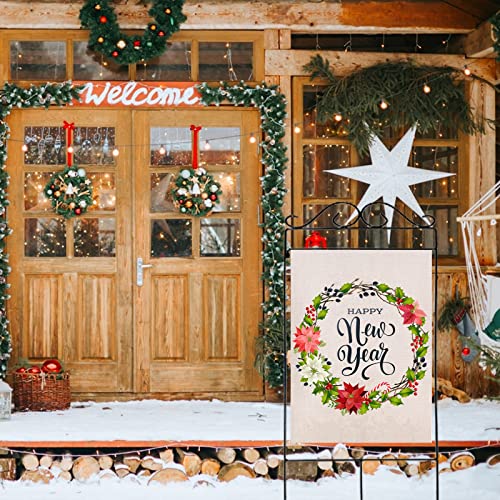 Furiaz Happy New Year 2023 Wreath Large Decorative House Flag, Rustic Christmas Garden Yard Outside Decorations, Xmas Burlap Outdoor Decor Double Sided 28 X 40 #TOP5