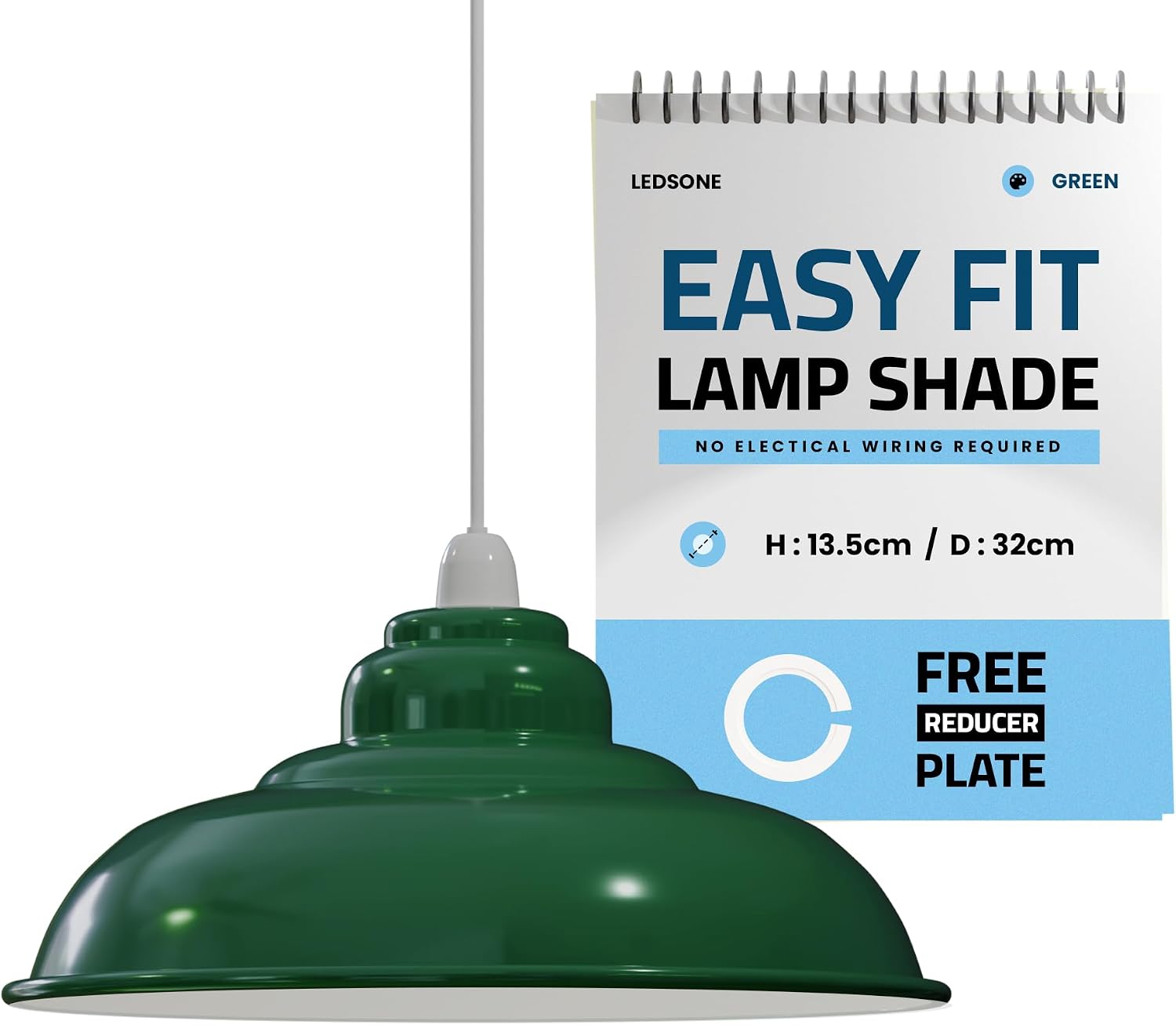 LEDSONE Retro Style Green 32cm Metal Ceiling Lampshade Replacement for Pendant Light Easy Fit Curvy Lamp Fitting with Reducer Ring in Home D cor, Living Room and Indoor Improvement [Energy Class A]