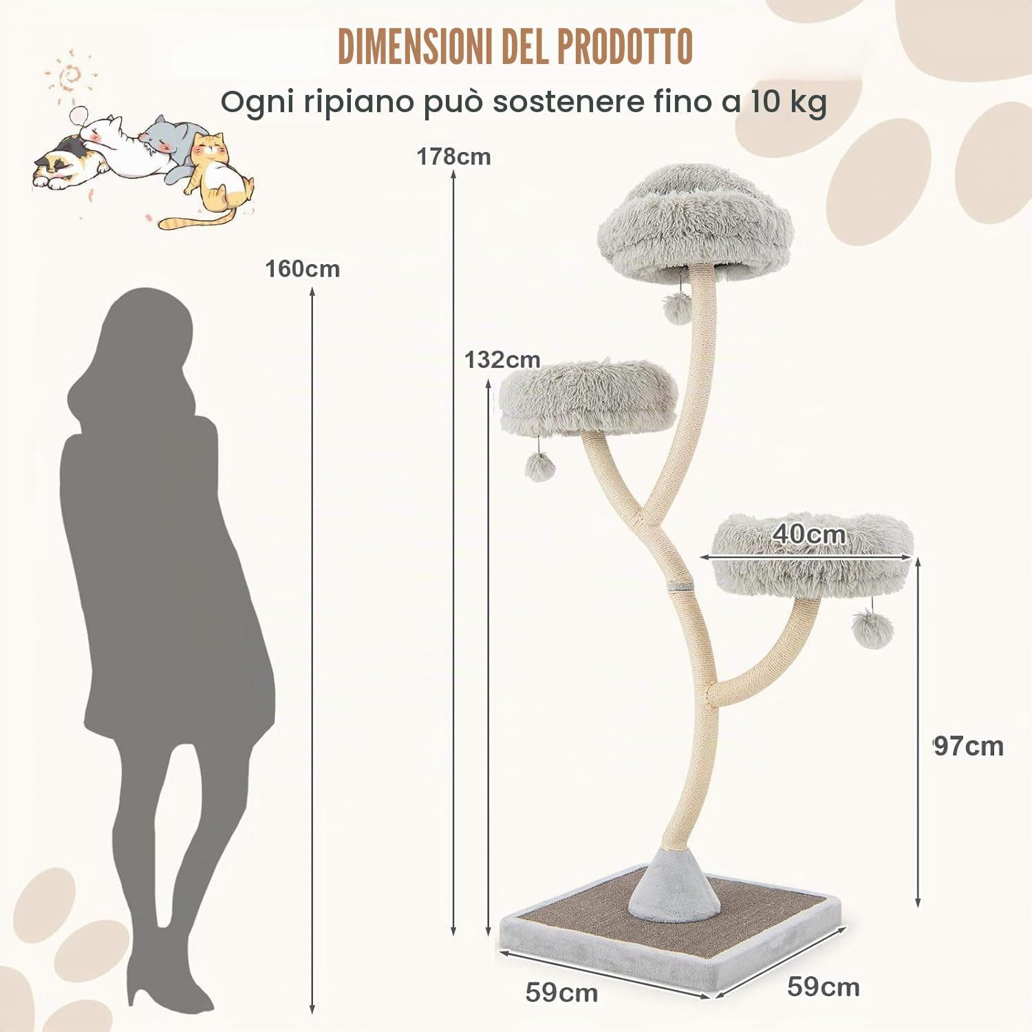 FANTASK Tiragraffi in legno da 178 cm, con 3 superfici calde, grigio, grande con palline di peluche e tronchi di sisal, mobili per gatti, torre per gatti con struttura in metallo