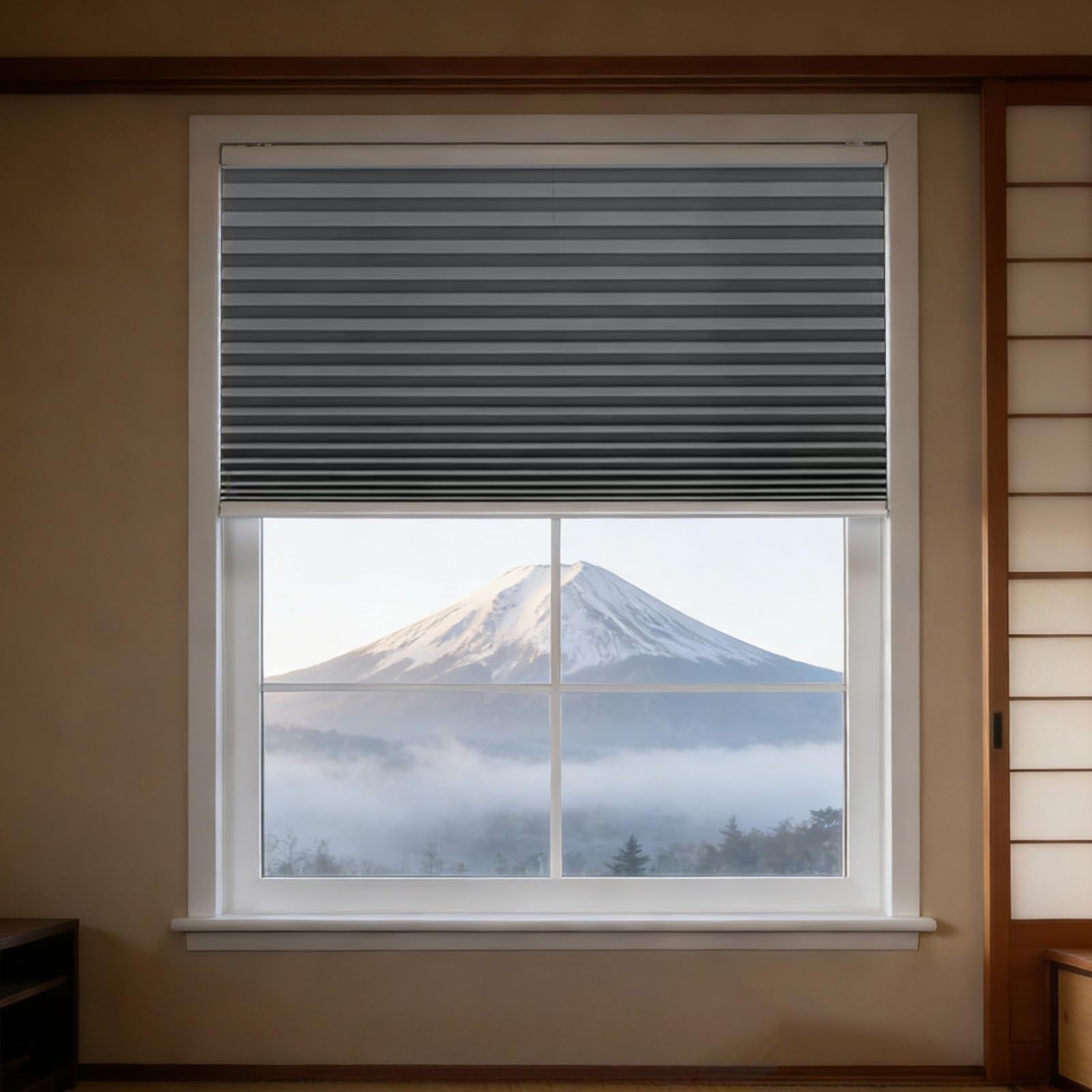 Cortinas venecianas grises para ventanas de salón: control térmico y fácil sujeción