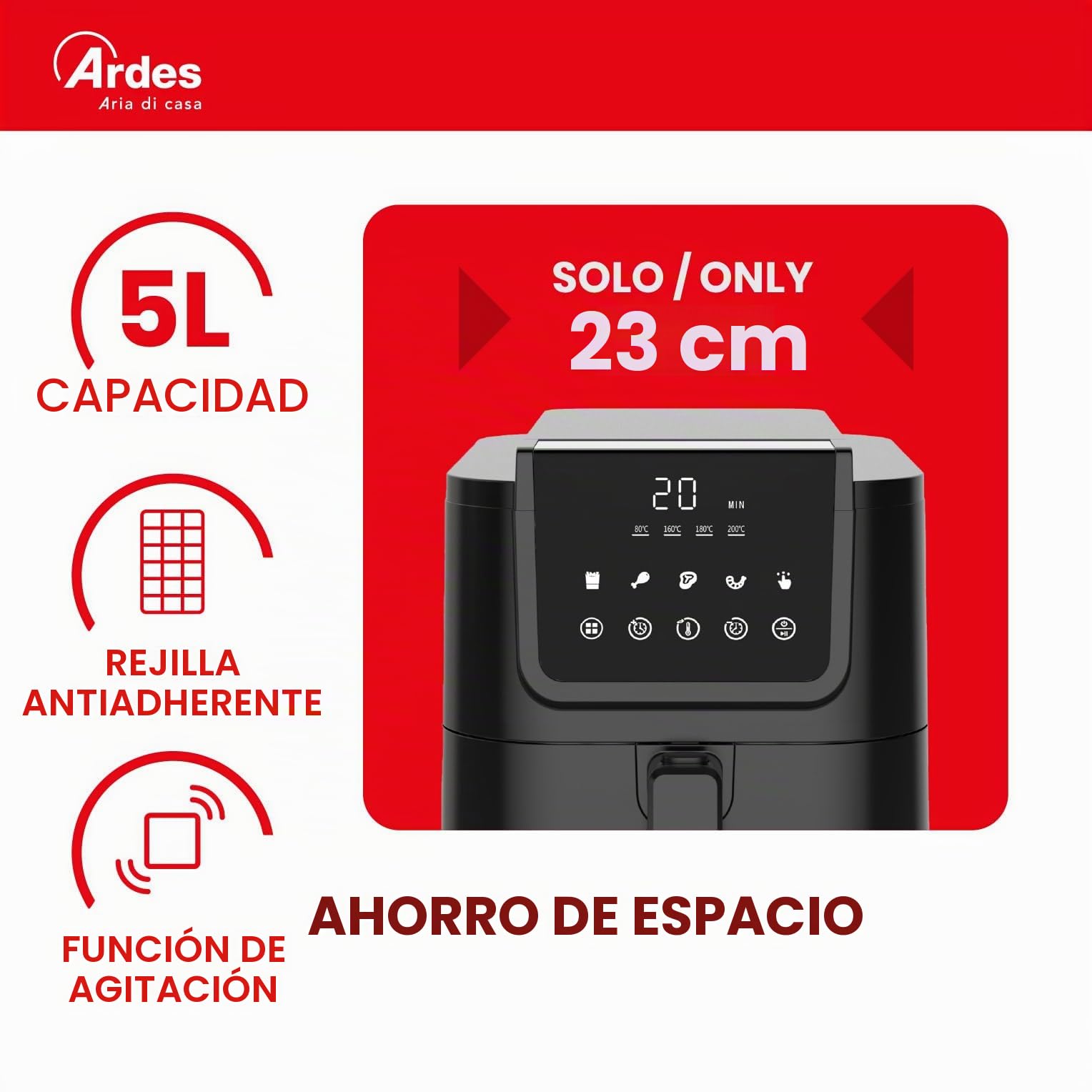 Ardes FRIGGISANA INFINITY 5L Freidora de Aire Slim XL 5L con Pantalla Digital Táctil, Temporizador 60’, 5 Programas y Cavidad Súper Profunda Antiadherente