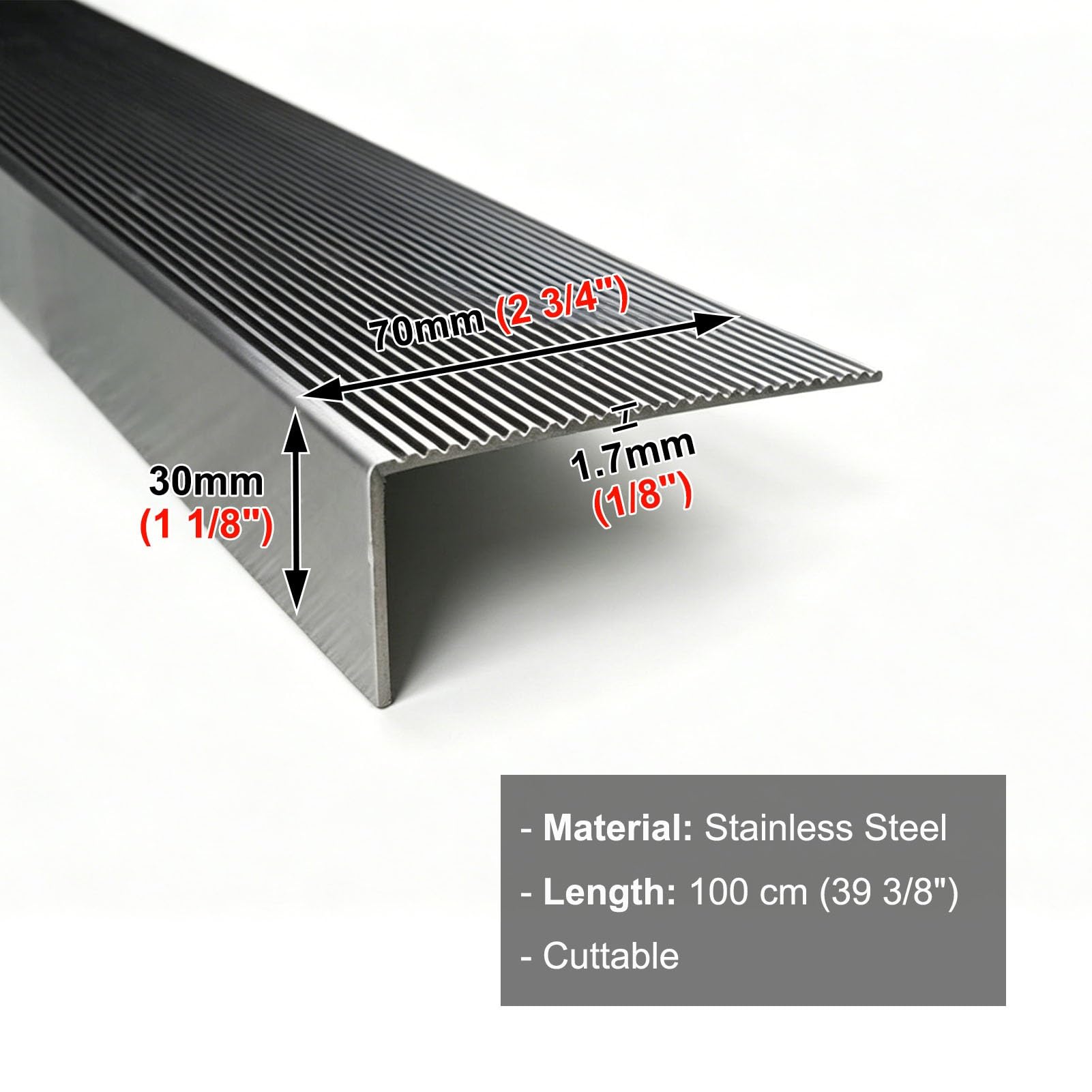 Perfil de Transición para Suelo Protector de Borde de Acero Inoxidable para Escalones de Baldosas, Perfil Antideslizante en Forma de L para Escaleras(70x30mm (2 3/4"x1 1/8"))