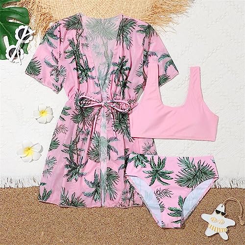 Girls 3 Piece Swimwear Coconut Tree Print Swimsuit Bikini Bathing Suit with Sun 𝐏rotection Cover Up Shirt Sets2