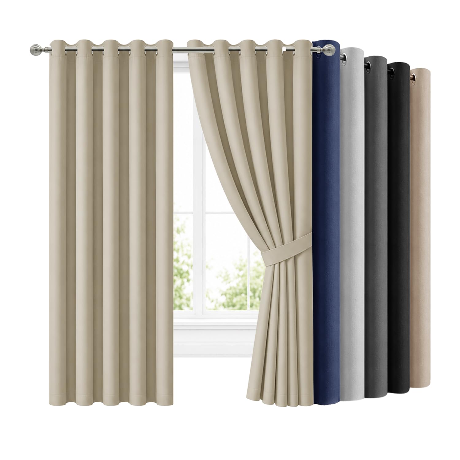 Hafaa Blackout Curtains for Bedroom Cream 66x90 Inch Ring Top Black Out Curtains for Living Room Thermal Insulated Energy Savig Curtain and Drapes 2 Panels with Tiebacks