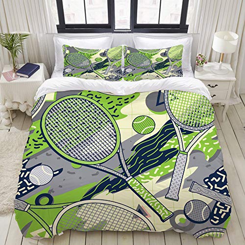 PENGTU Set Biancheria da Letto,Palla da Tennis Racchetta Colorata Design Memphis,Set Copripiumino in Microfibra con Federa,3PCS,1 Copripiumino 140x200cm+2 federe 50x80cm