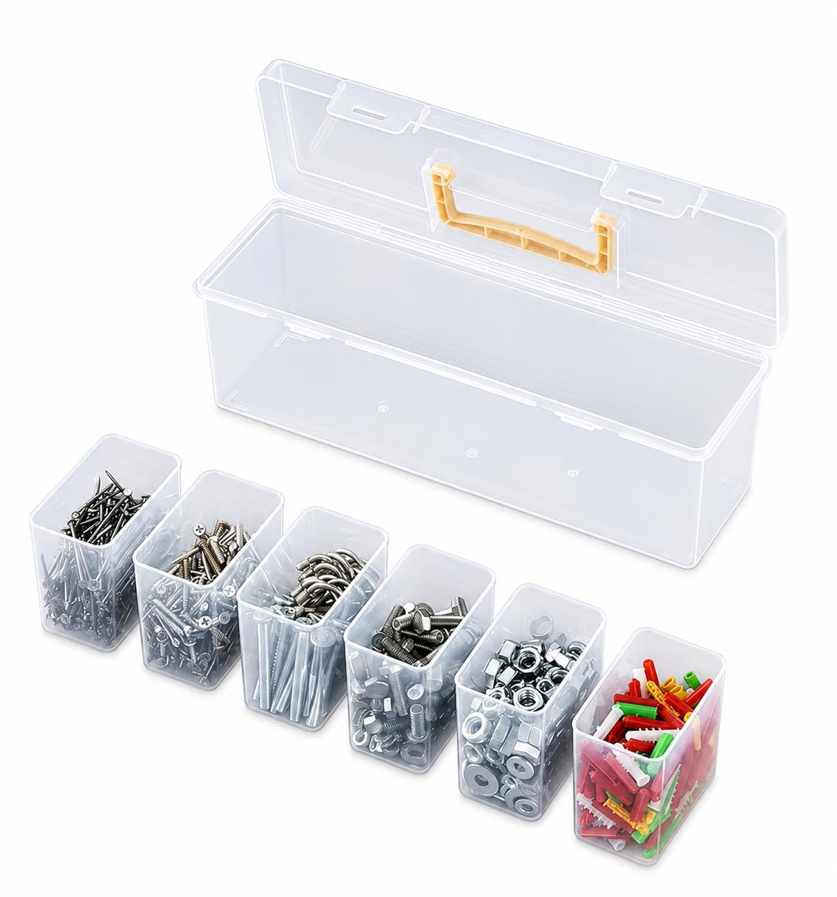 Transparent Plastic Tool Organiser Box with 6 Removable Inner Containers – Clear Hardware Storage Case with Carry Handle | Screw, Bolt, Nut & Small Parts Organiser-image-43