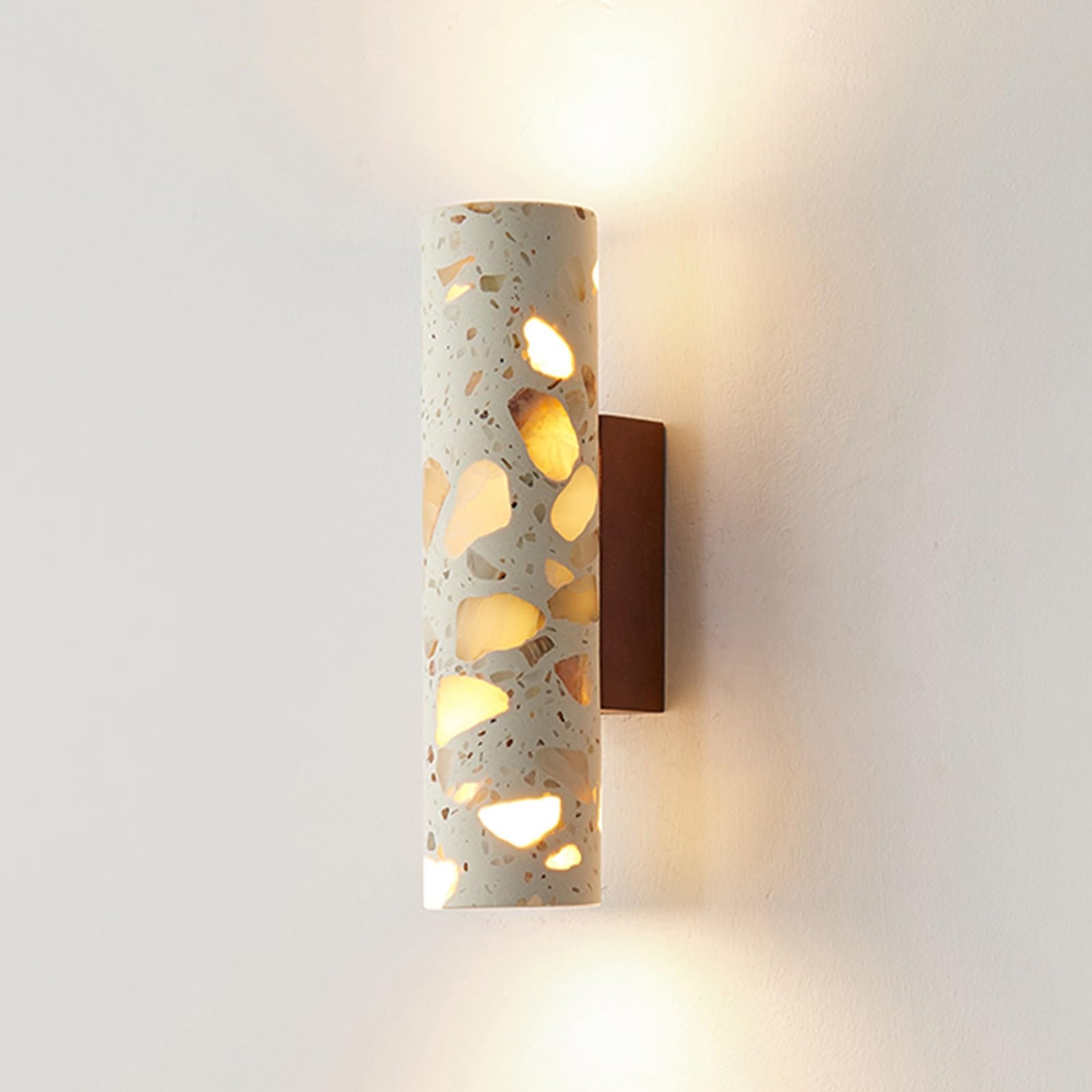 HXYSXHJUO Terrazzo Wall Lamp, Cylindrical Stone Sconce with Solid Wood Base, Mid Century Modern Up and Down Light for Dining Room, Bedroom, Living Hallway, Entryway