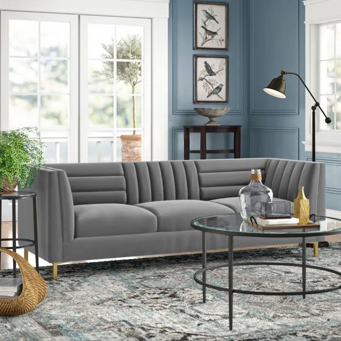 SHINE WOOD ART Velvet 3 Seater Modern Chesterfield Sofa with Gold Metal Legs for Living Room, Bedroom, Hallways (Grey)