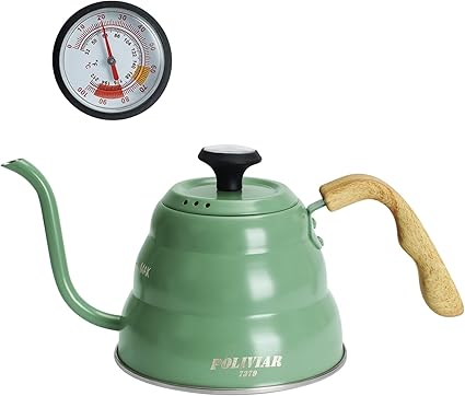 Amazon Poliviar コーヒーポット 温度計付き 1l ステンレス製 ドリップポット ドリップケトル コーヒーケトル コーヒードリップポット 蓋付き 細口 木目調ハンドル 直火 Ih対応 コーヒー キャンプ おしゃれ 業務用 1人用 3代 緑色 Poliviar 7379 ドリップポット 通販