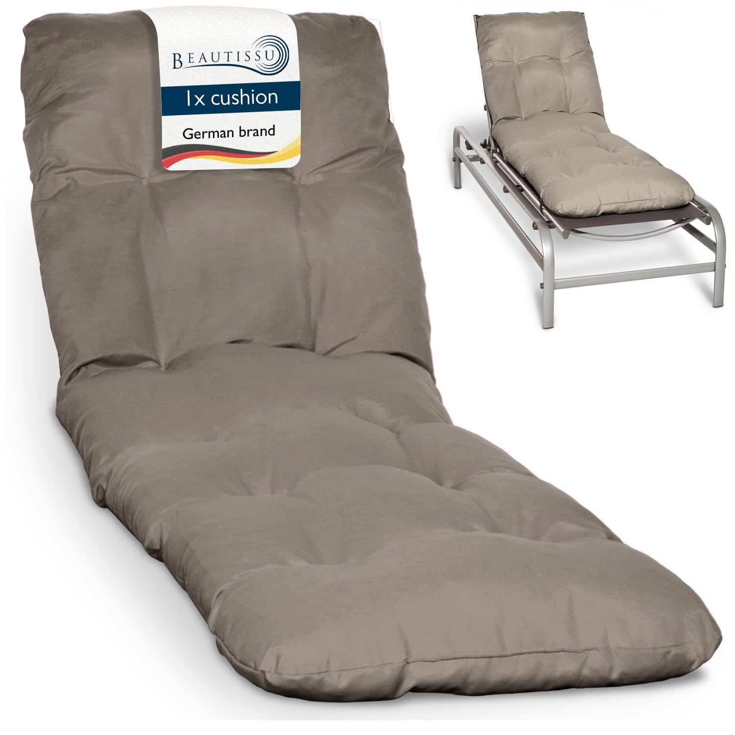 Beautissu Taupe Padded Sun Lounger Cushion 190X60x8 Cm – Sunbed Pad As Relaxer Garden Recliner Cushions Steamer Chair – Flair Rl