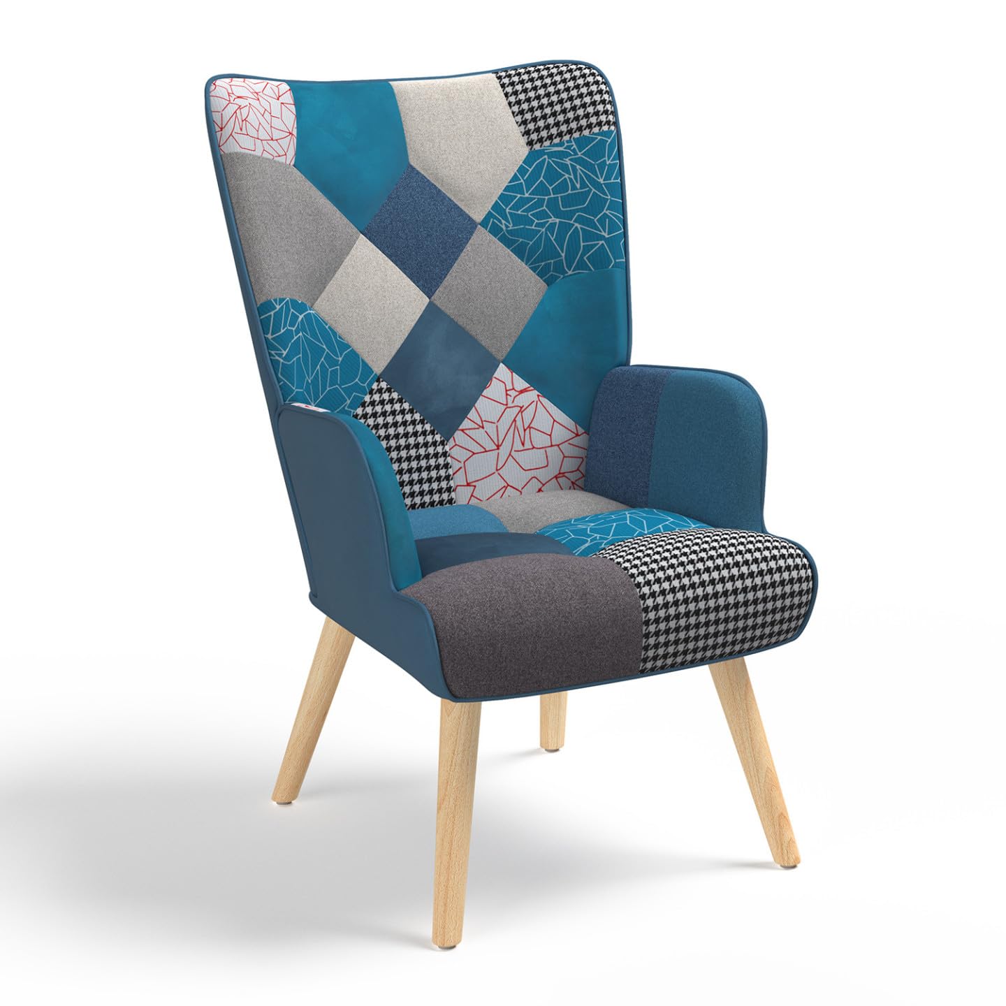 IDMarket - Fauteuil scandinave Ivar en Tissu Patchwork et Velours Bleu