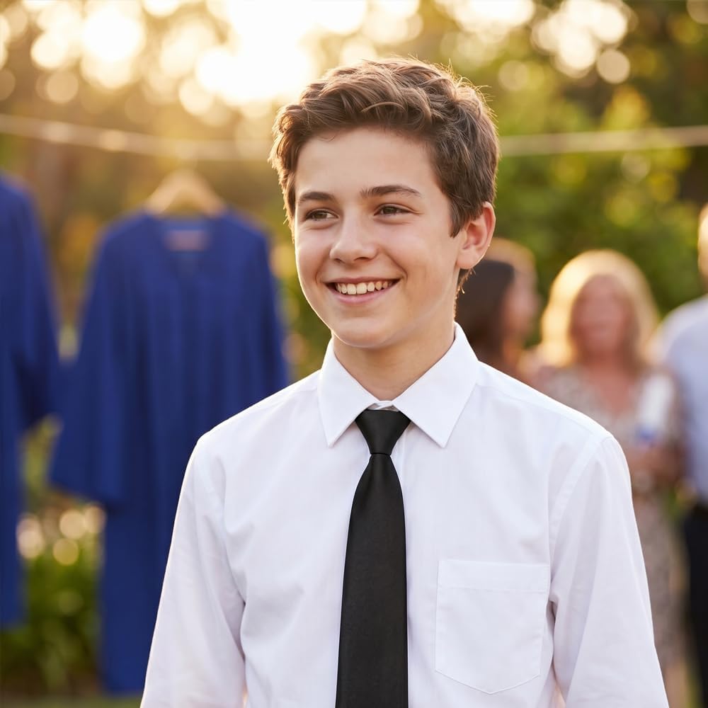 4 Pack Boys Black Pre-Tied Ties - Adjustable Neckties for Kids and Youth 14-16 Years Old, Perfect for Wedding, Graduation, School Uniforms, and Formal Parties - Solid Black Finish