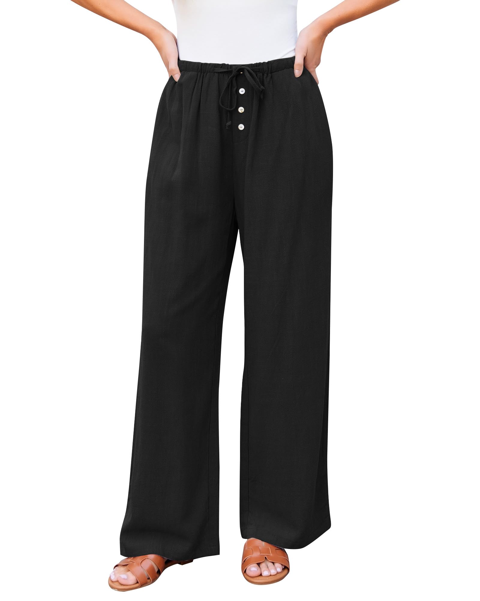 GRAPENT Linen Wide Leg Pants Woman High Waisted Pull On Button Drawstring Baggy Casual Summer Palazzo Pants with