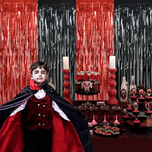 Image of BEISHIDA 4 Pcs Red and Black Door Streamers Foil Curtain Red and Black Party Decoration Backdrop for Casino Theme Scream Halloween Supplies Graduation Birthday Party Decorations (3.28 ft x 6.56 ft)