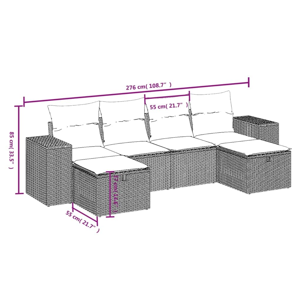 Set di 6 divani da giardino grigio chiaro con cuscini in polyrattan, acciaio verniciato a polvere, 2 divani, 2 divani centrali, 2 poggiapiedi, resistente alle intemperie, per terrazza
