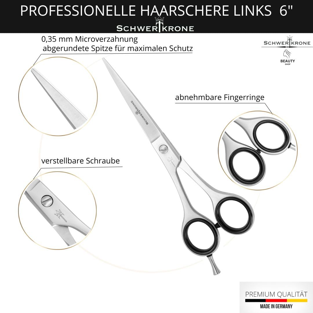 SCHWERTKRONE Tijeras de corte de pelo para zurdos de acero inoxidable [fabricadas en Alemania] – Tijeras de peluquería – Tijeras para cortar el pelo – Tijeras de peluquería – Tijeras de adelgazamiento