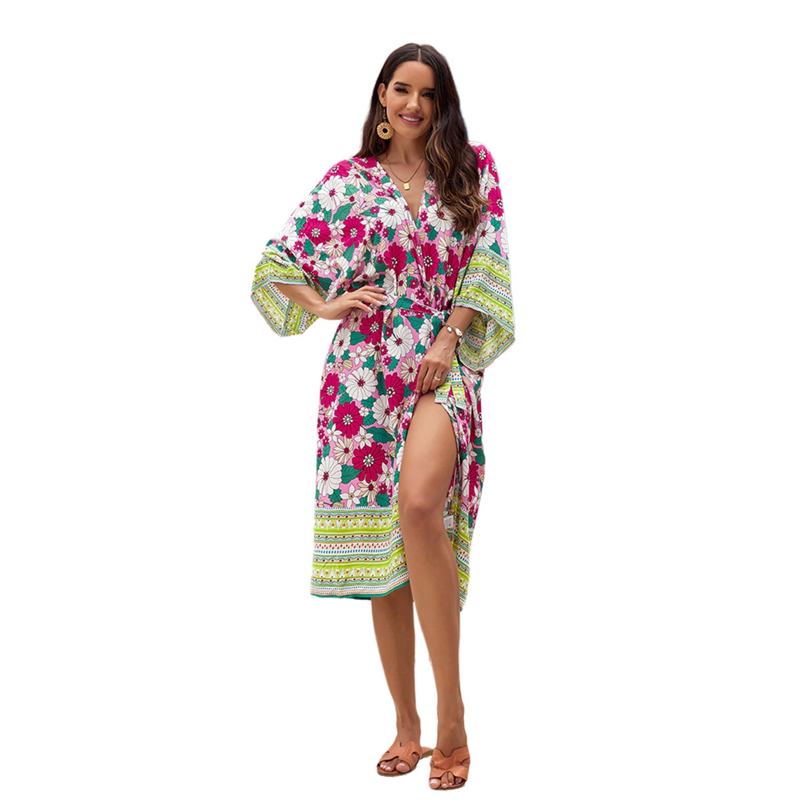 Cárdigan de playa para mujer con banda en la cintura, kimono largo de flores, frente abierto, cárdigan de playa