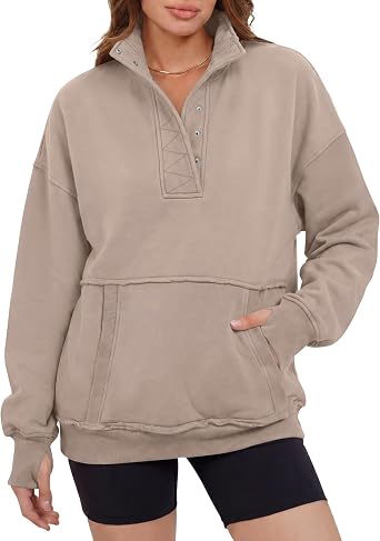 Gacaky Womens Oversized Sweatshirts Henley Neck Pullover Fall Outfits | Cozy Lightweight Sweatshirts, Large Kangaroo Pocket, Loose, School Work Casual Wear, Winter Trendy Outfits
