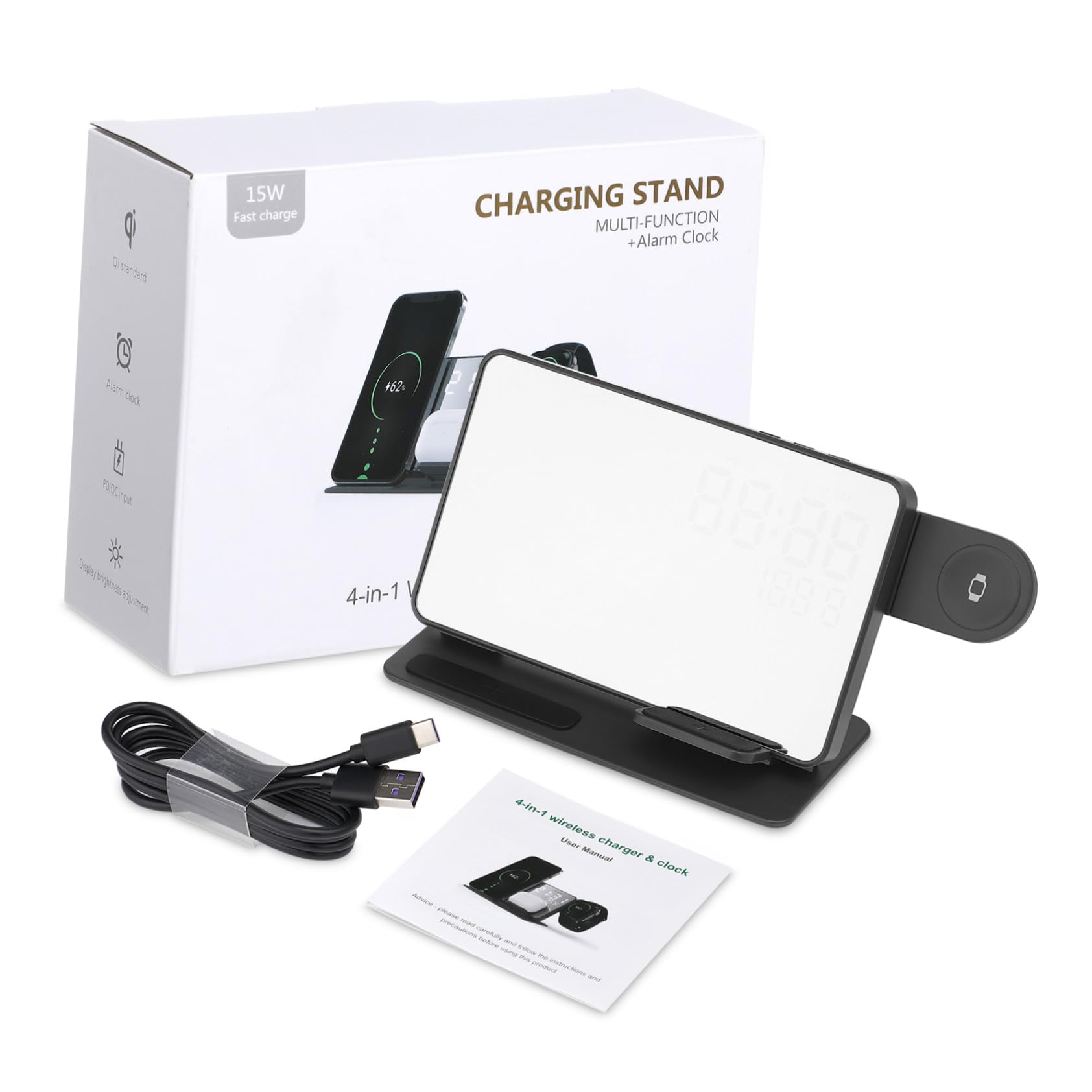 Station de Charge sans Fil Multifonction avec Réveil Numérique LED et Affichage Température Support Rapide Compatible pour Téléphone Montre Connectée et Écouteurs Bureau et Maison