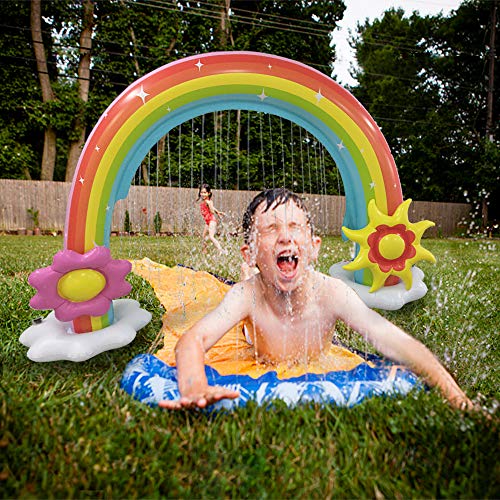 Rabosky Inflatable Rainbow Water Sprinkler, Large Outdoor Yard Water Toys for Toddlers and Kids, Unique Asymmetrical Design, 86" x 70", 2 Big Inflatable Frisbee Bring Kids More Summer Lawn Water Fun