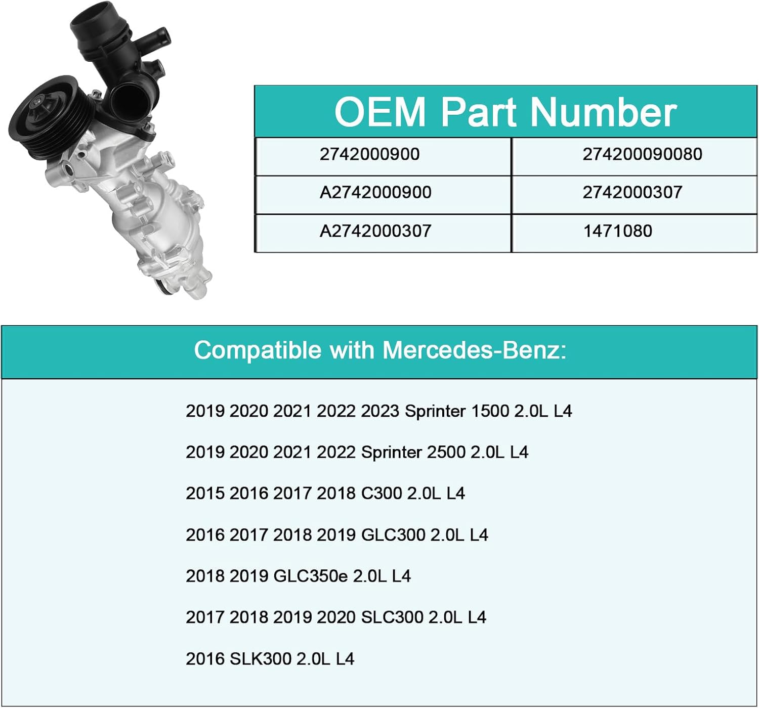 AULINK A2742000900 Water Pump (2.0L L4) For Mercedes-Benz C300 2015-2018, GLC300 2016-2019, GLC350e 2018-2019,SLC300 2017-2020,Sprinter 1500 2019-2023,Sprinter 2500 2019-2022 A2742000307