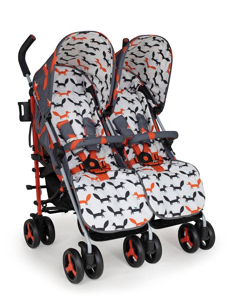 Cosatto Supa Podwójny wózek dziecięcy, od urodzenia, 0–25 kg, lekki, kompaktowy, składany, z nausznikami, uchwytem na kubek i pokrowcami przeciwdeszczowymi (Charcoal Mister Fox)