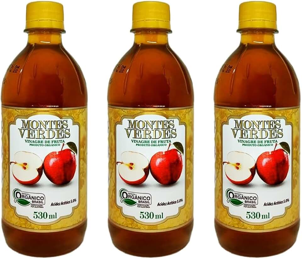 Kit com 3 Vinagre Orgânico de Maçã 530ml 5% De Acidez Puro 530ml Vinagre Montes Verdes