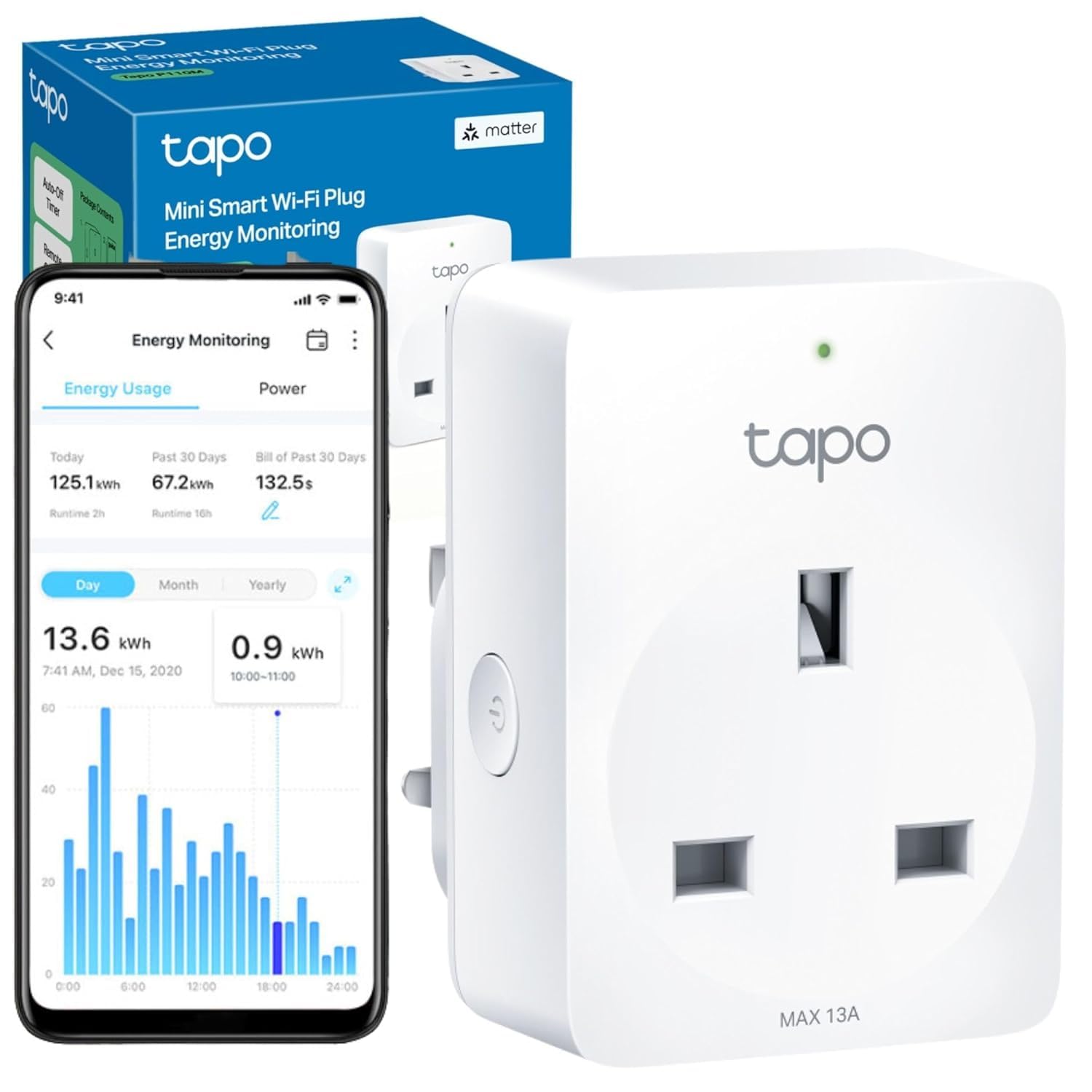 Tapo Tapo Mini Wi-Fi Smart Plug, Matter Certified Energy Monitoring, Voice Remote Control, Works with Alexa, Schedule & Timer, Simulated Home Presence, Alexa Plug (Tapo P110MA)