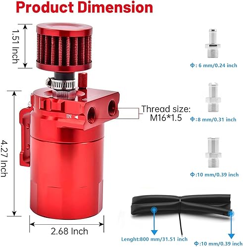 Miniatura 2 de Lata de captura de aceite desconcertada universal de 13.5 fl oz, separador de aceite de aluminio con filtro de ventilación y línea de combustible de