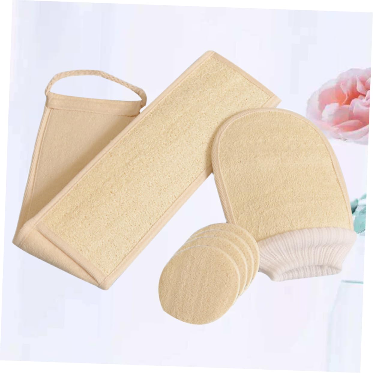 6piezas Esponjas De Luffa Natural Para Baño Exfoliantes y Suaves Incluye Guante Banda Para Espalda y Rodajas De Luffa Para Cuidado Piel y Spa