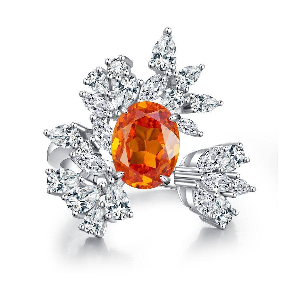 Anello In Argento Sterling 925,Anelli In Argento Sterling Donna 925 Fiore Tondo Anelli Regolabili In Zircone Arancione Zircone Micropavimentato Anelli Regolabili In Argento Anello Di Fidanzamento An