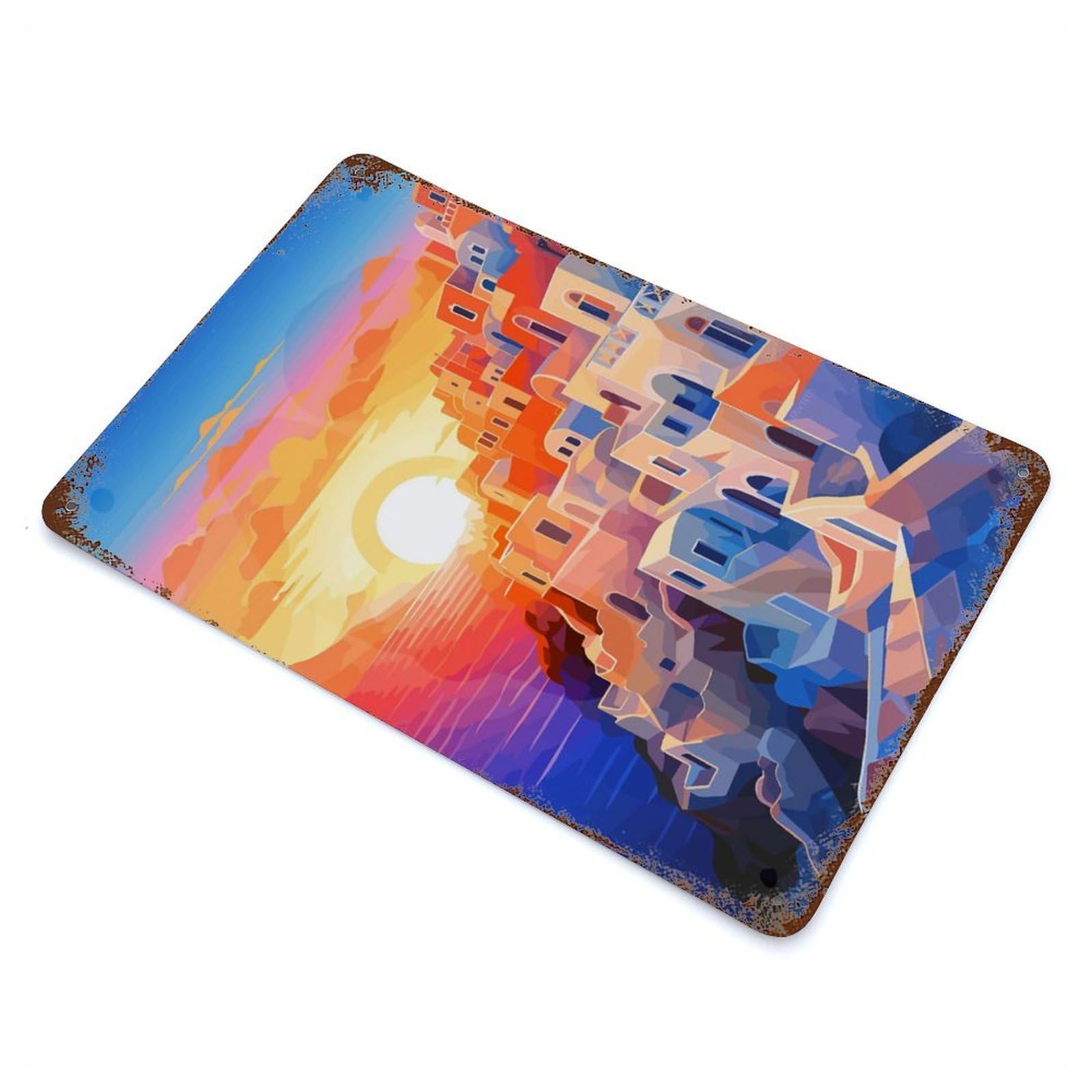 Aged Metal Wall Plaque with Santorini Sunset Travel Design 11.8"x7.9", for Basement, Hobby Room And Garage Decor, Classic Wall Plaque
