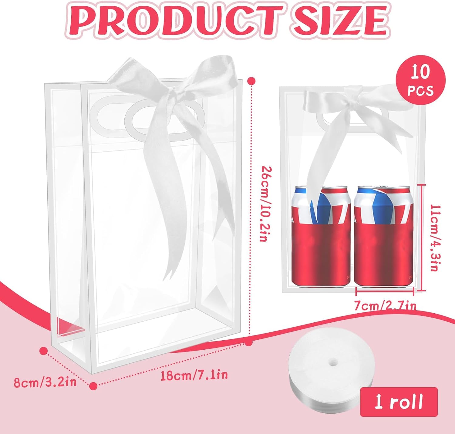 BadenBach 10 Pack Clear Gift Bags with Handles, 7.1" x 10.2" x 3.2", White image 2