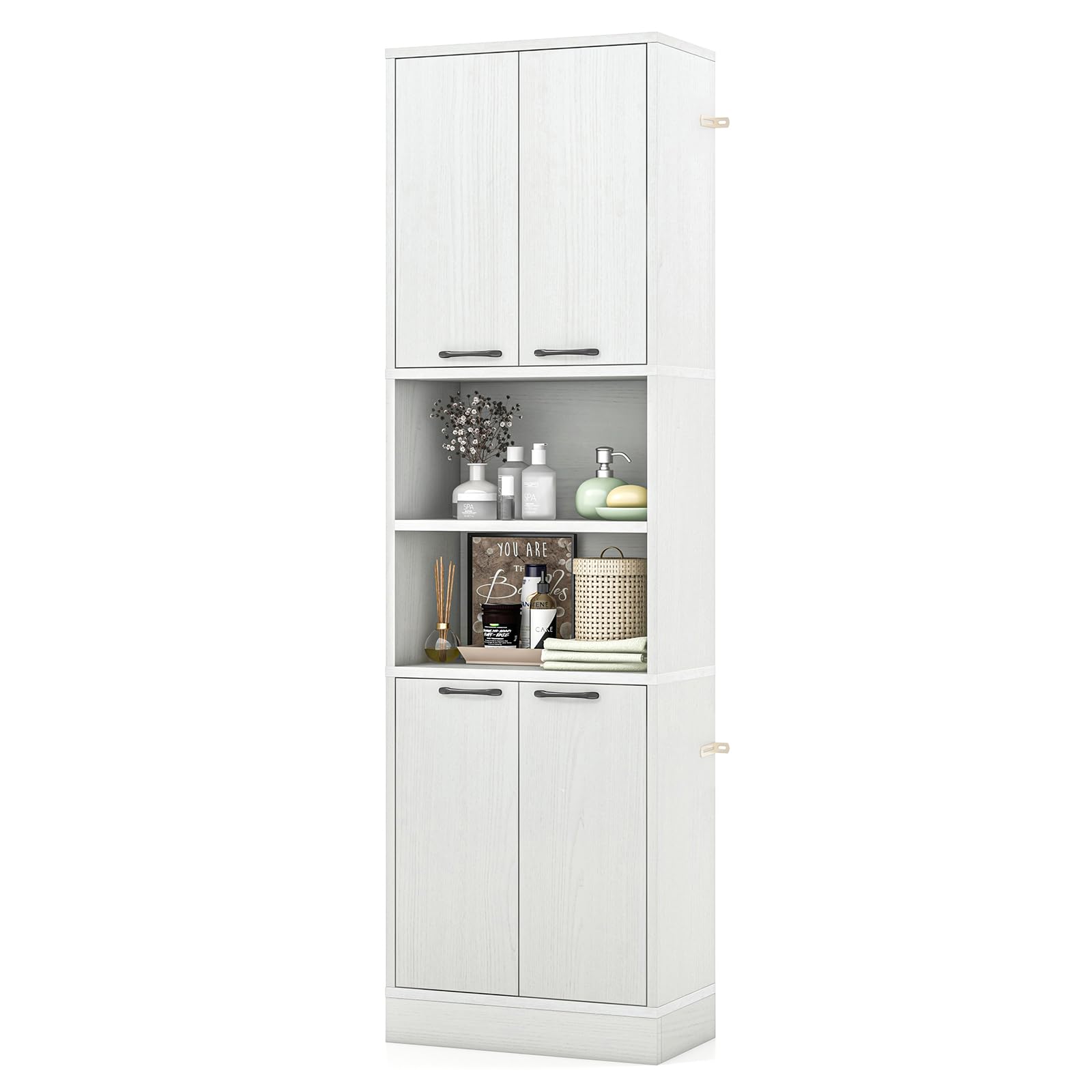 LIFEZEAL Badkamerkast, ruimtebesparend, van hout, 30 x 56 x 190 cm, hoge kast met 2 open planken en 4 deuren, multifunctionele kast voor keuken en woonkamer, kast (wit eiken