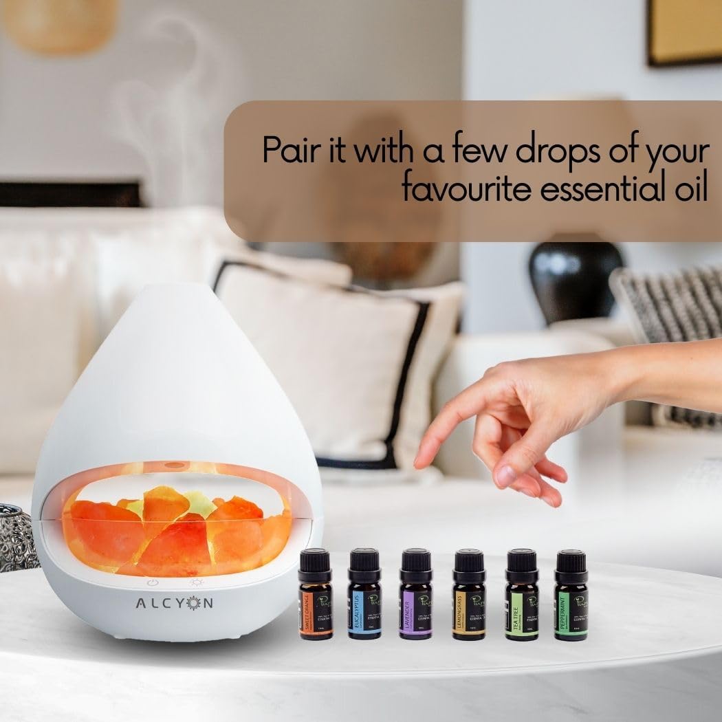 ດ້ານໜ້າ view of the Alcyon Kiyoshi Ultrasonic Salt Lamp Diffuser in Classic White, showing its elegant design and the Himalayan salt crystal compartment.