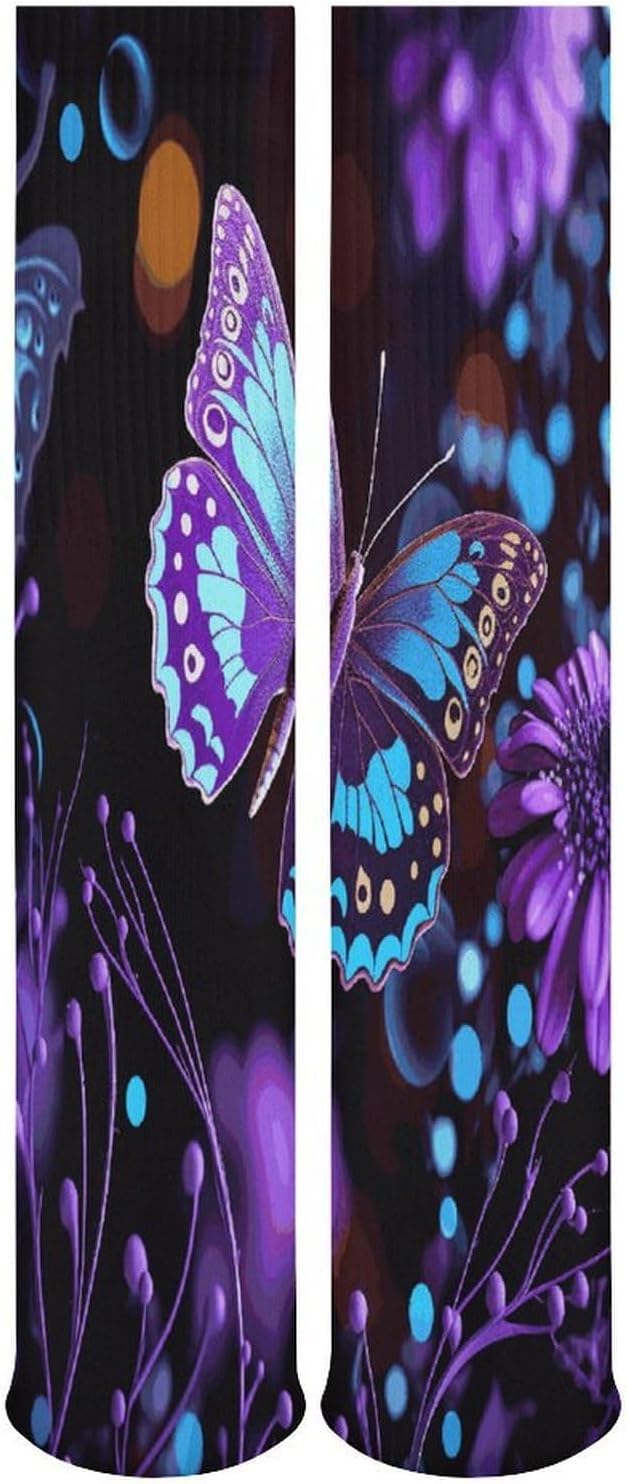 Purple Butterfly And Flowers Knee High Socks Cozy Knee High Socks Soft Mid-Length Sock for All Seasons Daily Wear Adult