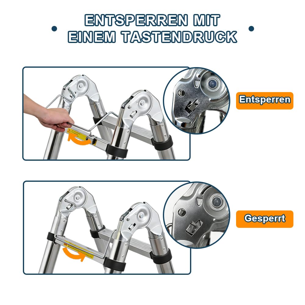5M(2.5m+2.5m) Edelstahl Teleskopleiter, 2-in-1 Faltbare A-Form Leiter & Geradeleiter mit 150 kg Traglast, stabilere Verriegelung, Anti-rutschige Füße für Haushalt, Garten und Renovierung