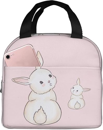 Lonchera con diseño de conejo Kawaii rosa para mujeres y hombres, contenedor reutilizable aislado con bolsillo frontal para trabajo, picnic y viajes