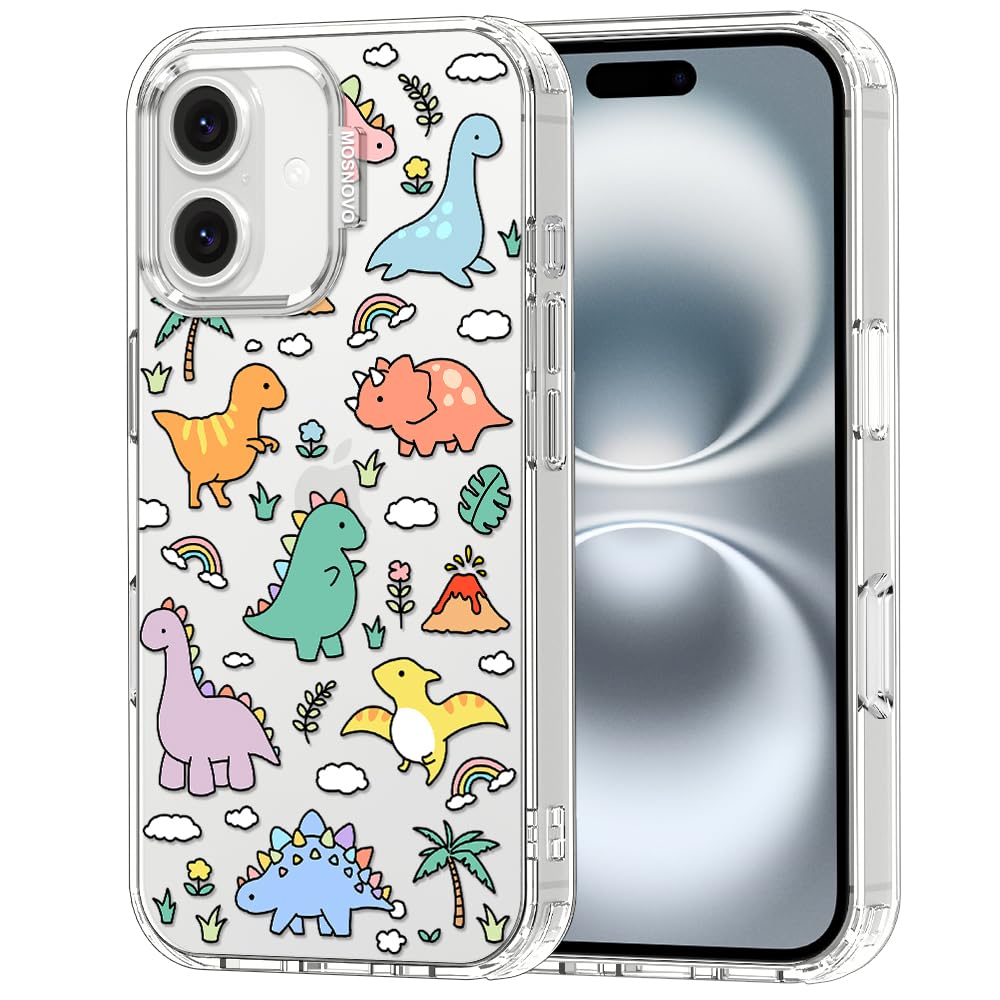 MOSNOVO Case for iPhone 16 Plus, [Buffertech 6.6ft Military-Grade Drop Protection] [Anti Peel Off Tech] Clear TPU Bumper Phone Case Cover Design - Dinosaur Land - 1
