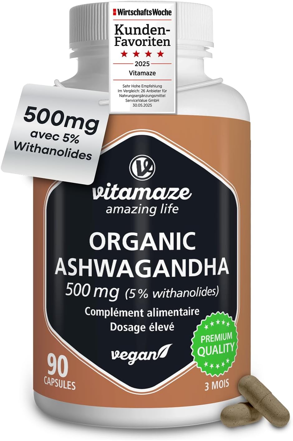 Ashwagandha KSM-66, 5000mg Pure Ashwagandha, 500mg Extract (10-15:1), 5% Withanolides, 90 Vegan Capsules, Root Extract, High Bioavailability, Vitamaze