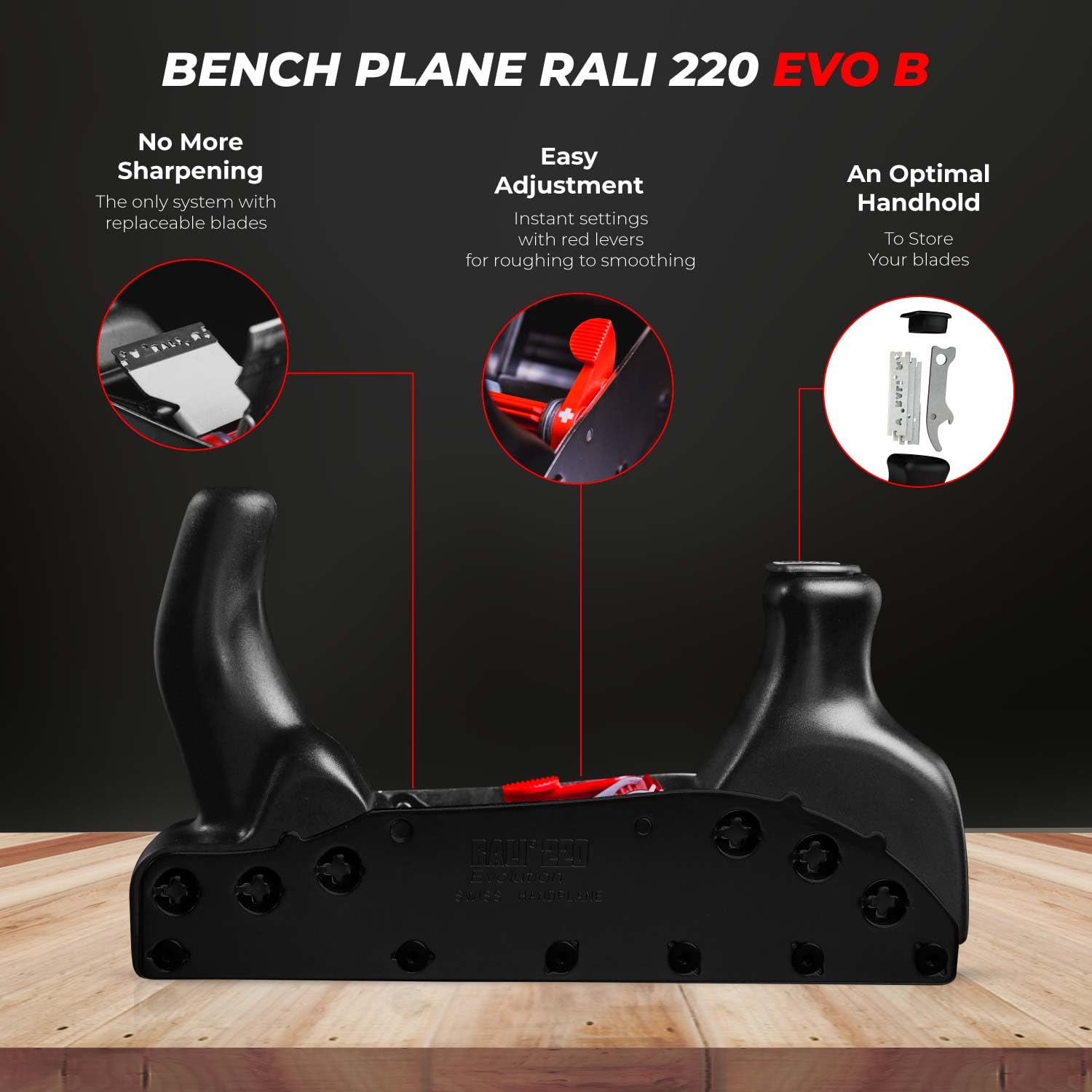 RALI 220 EVOLUTION B: Rabot à main Sans Affutage pour le travail du bois avec 2 Réglages rapides: Profondeur de coupe et contrefer | Rabot bois professionnel Suisse pour Menuisier