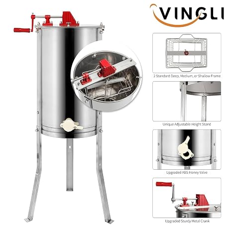 VINGLI 2 Frames Manual Honey Extractor Separator, Food Grade Stainless Steel Honeycomb Spinner Drum Crank By Hand with Adjustable Height Stands, Beekeeping Pro Extraction Apiary Centrifuge Equipment