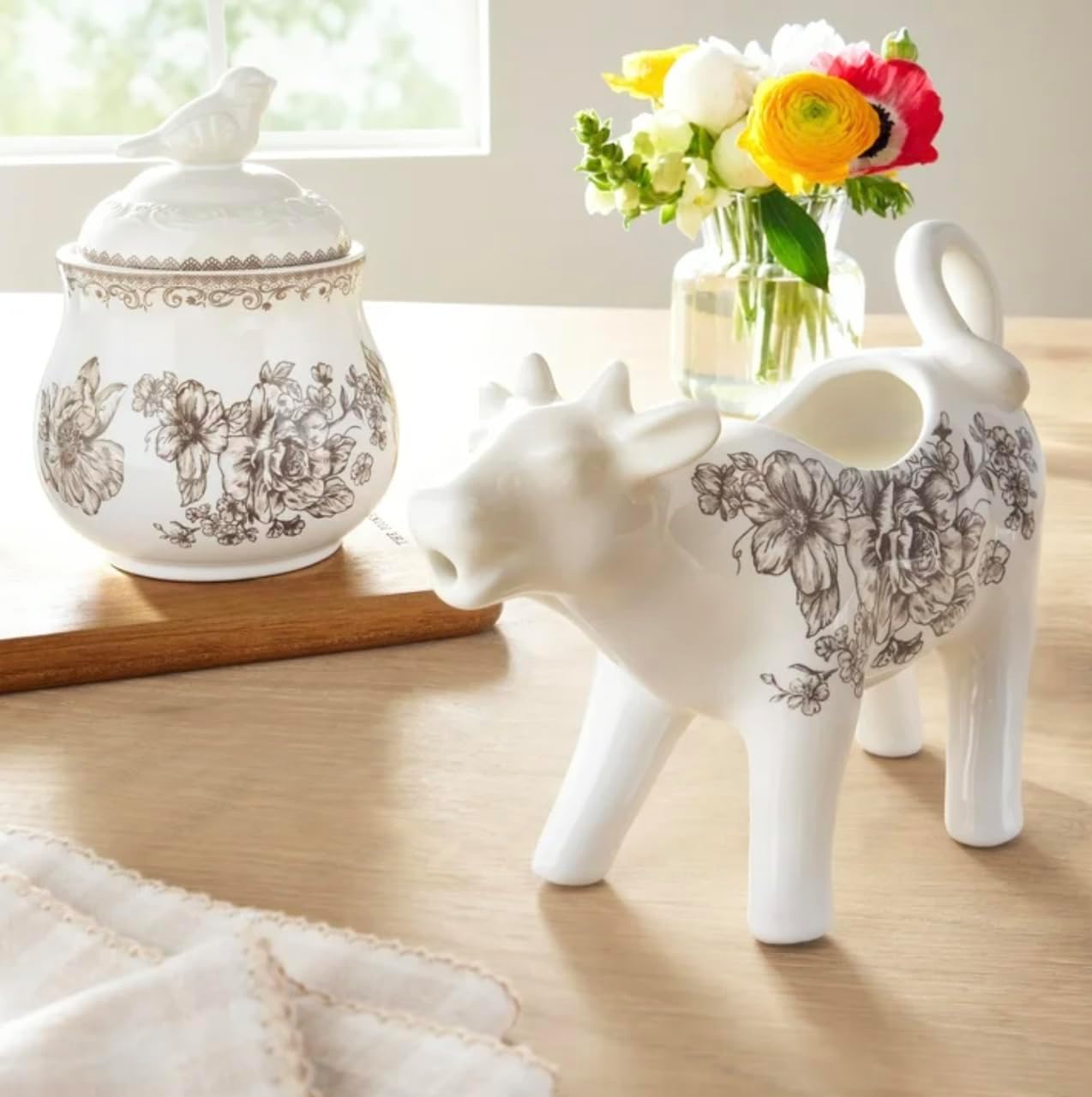 Pioneer Woman Agatha Stoneware Sugar Bowl & Creamer Set, Brown
