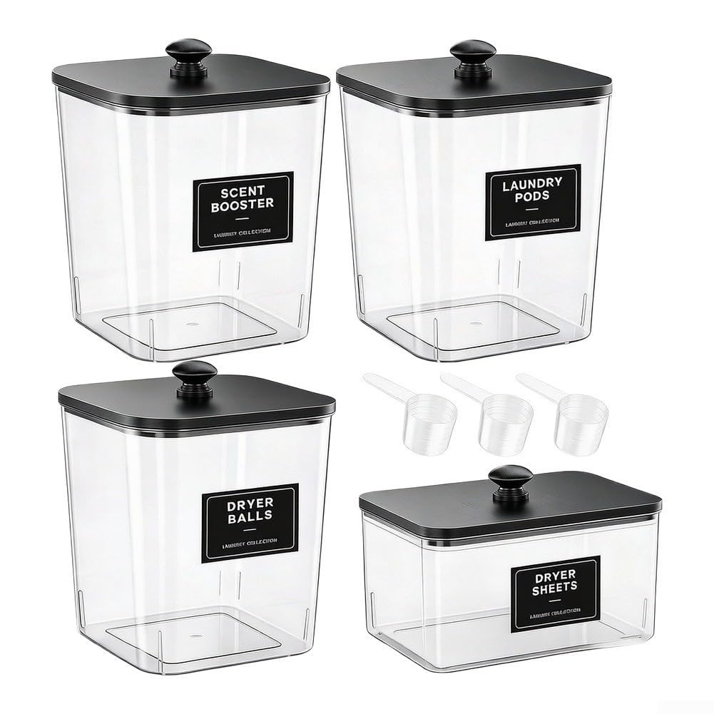 4 Tarros Lavandería PET con Tapa para madera para Detergente